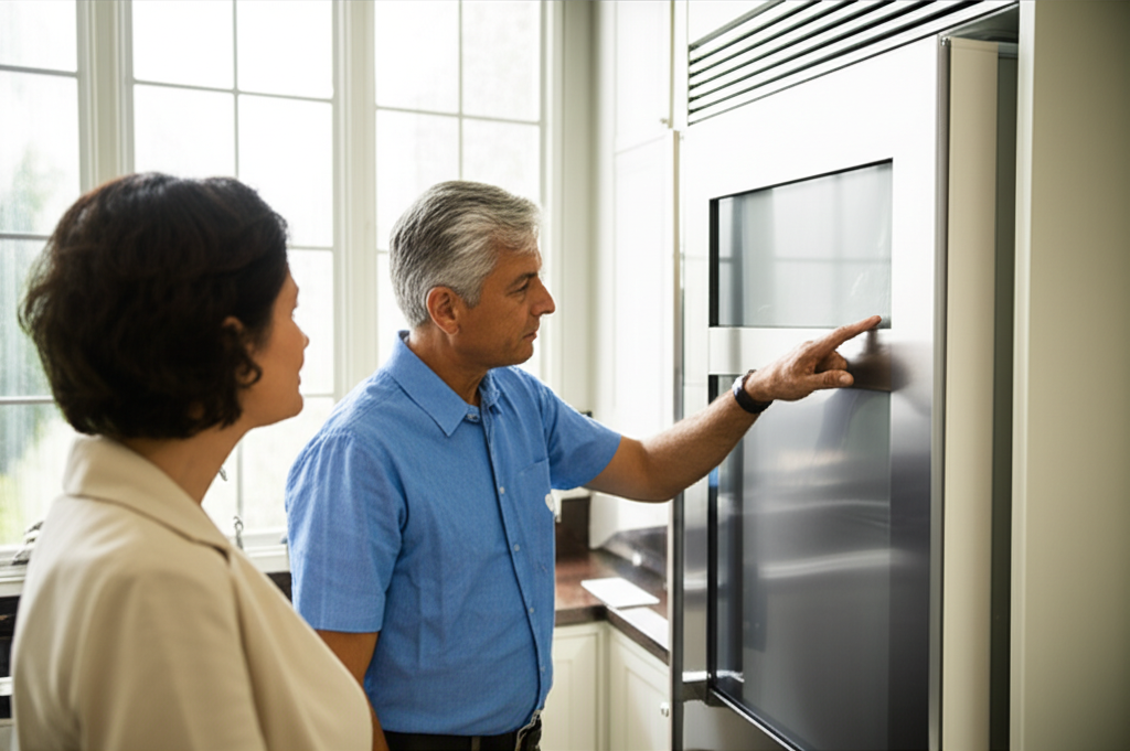 Technician consulting with customer about appliance repair