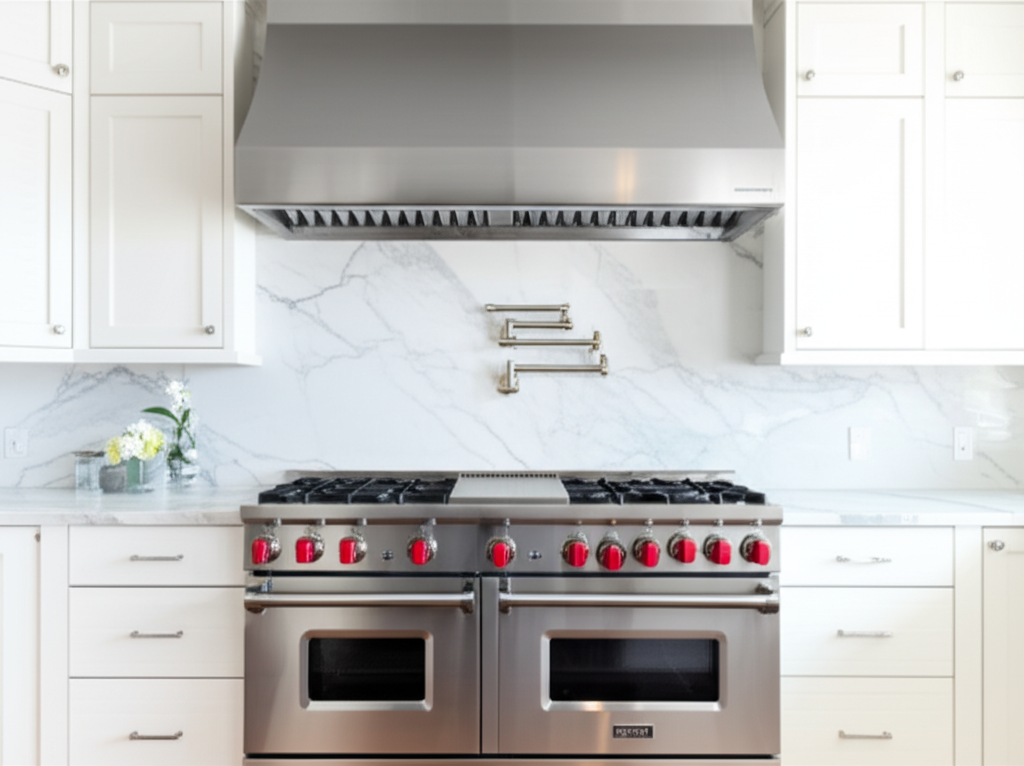 Wolf professional gas range in luxury kitchen
